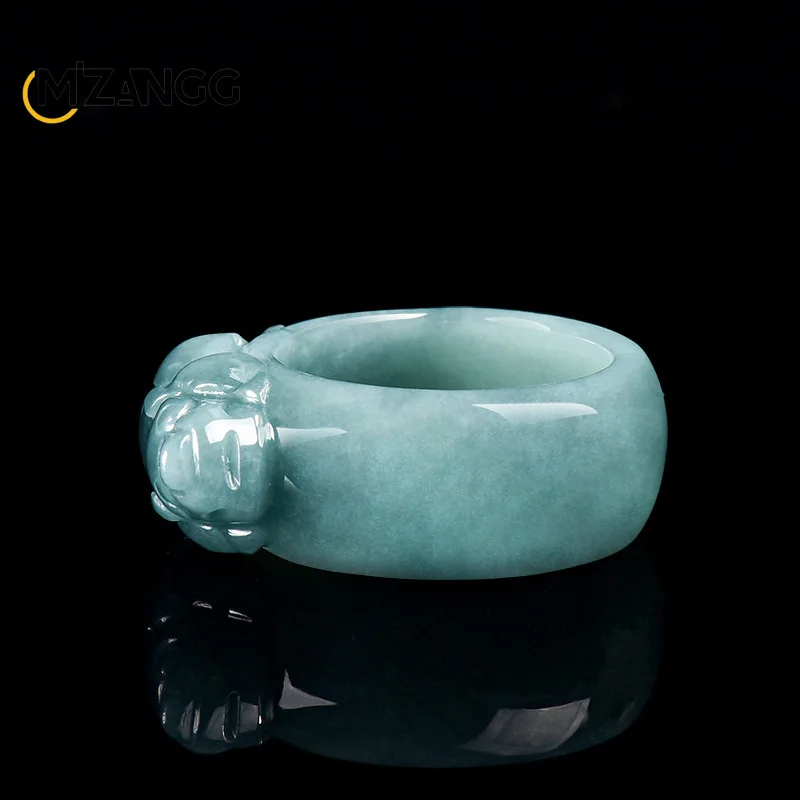 Genuine Natural A-goods Jadeite Blue Water PiXiu Ring Luxury Fashion Charm Men and Women Holiday Gift