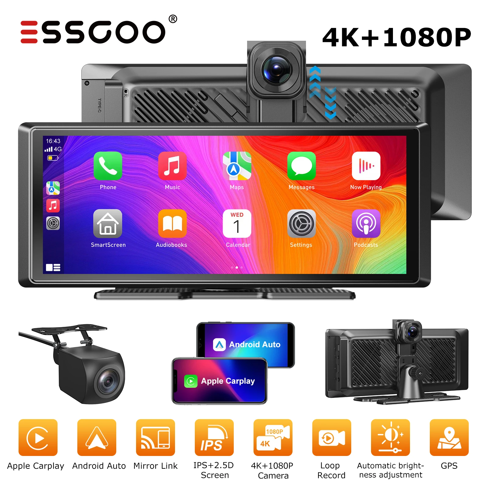 ESSGOO 8,1 Zoll 4K+1080P Universelles tragbares CarPlay BT Autoradio Android Auto Dual-Objektiv Dashcam Rückfahrkamera AUX Touchscreen