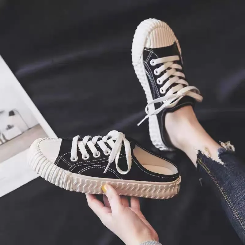 Summer Women Half Drag Canvas Sneakers Lazy Slip on Mule Shoes Breathable Lightweight Flat Casual Shoes for Daily Wear