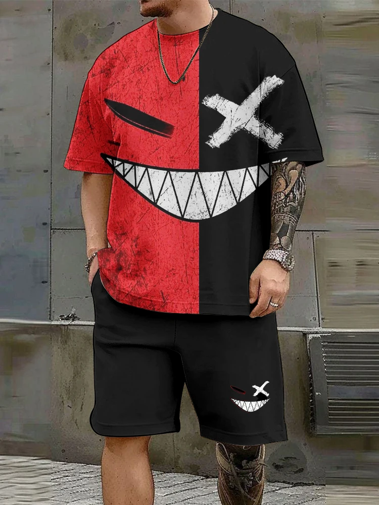 Outdoor Casual Men's Round Neck, Short Sleeves And Shorts Set Fashionable Trend Of The Devil Smiley Face Print Two-piece Suit