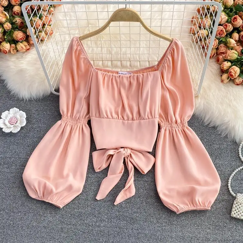 High-end Puff Sleeve Crop Top Women Chic Long Sleeve Shirts Y2k Clothes Trend Bow French Backless Design Blouses Streetwear New