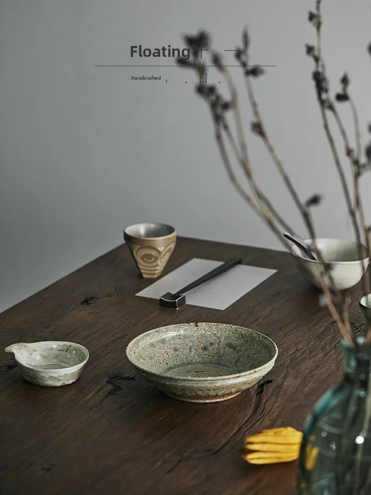 

Rustic Glazed Small Plate Japanese Sle Artistic Dip Sauce Bowl Vintage Floating Eleven Spoon Included Irregular ape 6 Inches