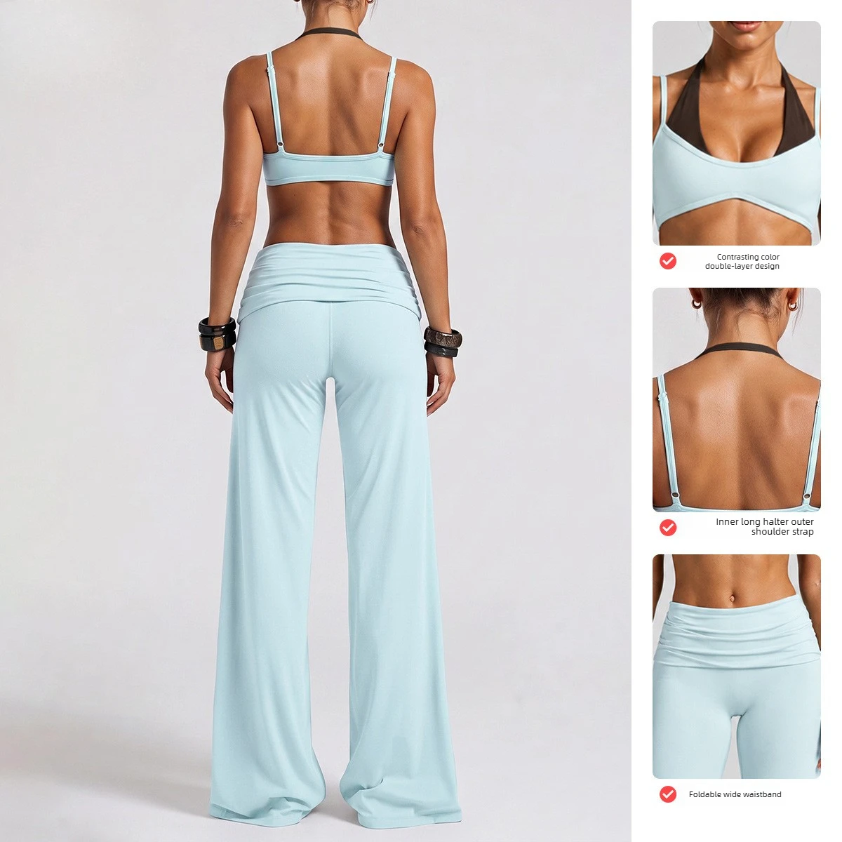 Women 2 Piece Workout Set Double Layer Spaghetti Strap Sports Bra High Waist Flared Yoga Pants Soft Stretchy Gym Fitness Outfit