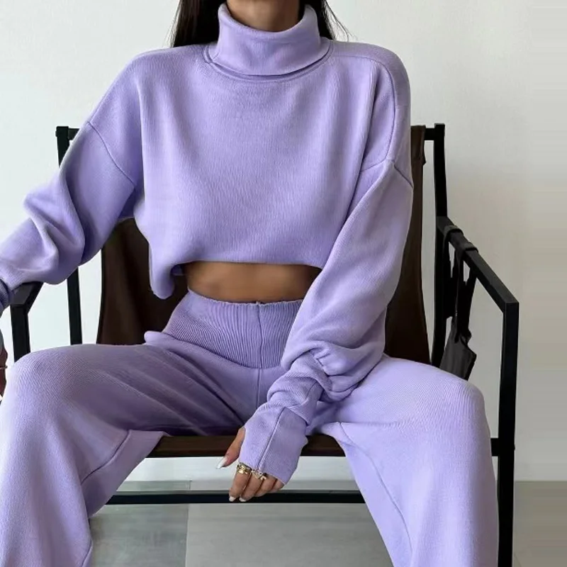 Autumn Winter Solid Knitted Sweater Outfits Women Elegant Turtleneck Top Pullover & High Waist Pants Suit Fashion Warm 2pcs Sets