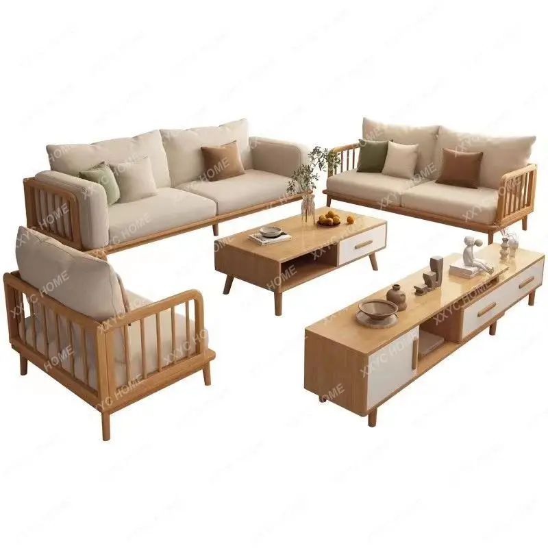 Solid Wood Sofa Living Room Fabric Craft Log Sofa Combination Small Apartment Furniture