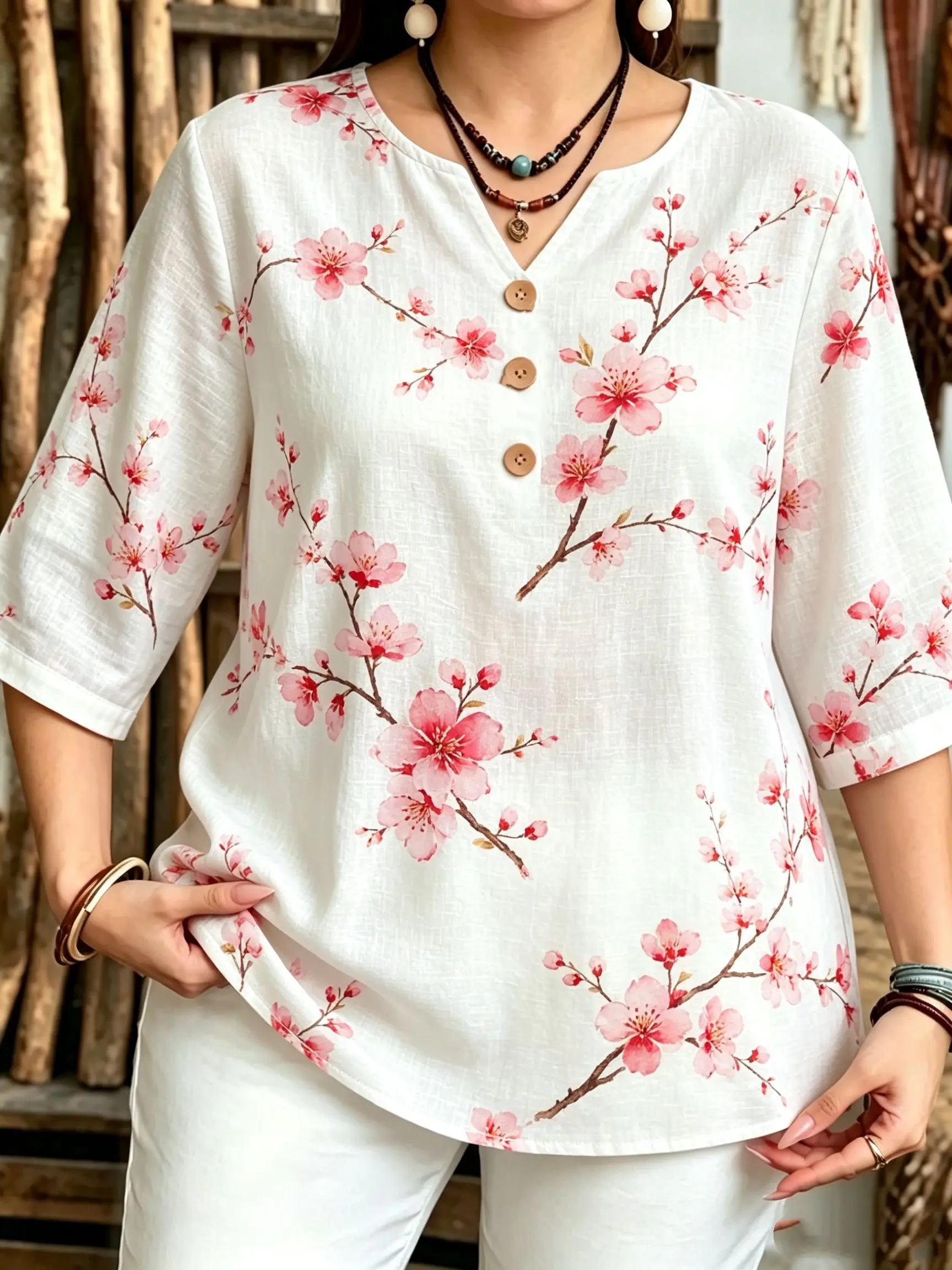 Women Vintage Oriental Peach Blossom 3D Print Top, Notch V-Neck Wooden Half Button 3/4 Sleeve Loose Casual Daily Top