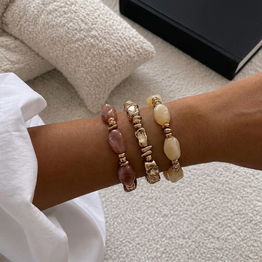 3-teiliges Set Bunte Unregelmäßige Geometrische Harz-Perlenarmbänder für Frauen Minimalistische CCB Stapelbare Elastische Armreifen Charms Party-Schmuck – Detail 2