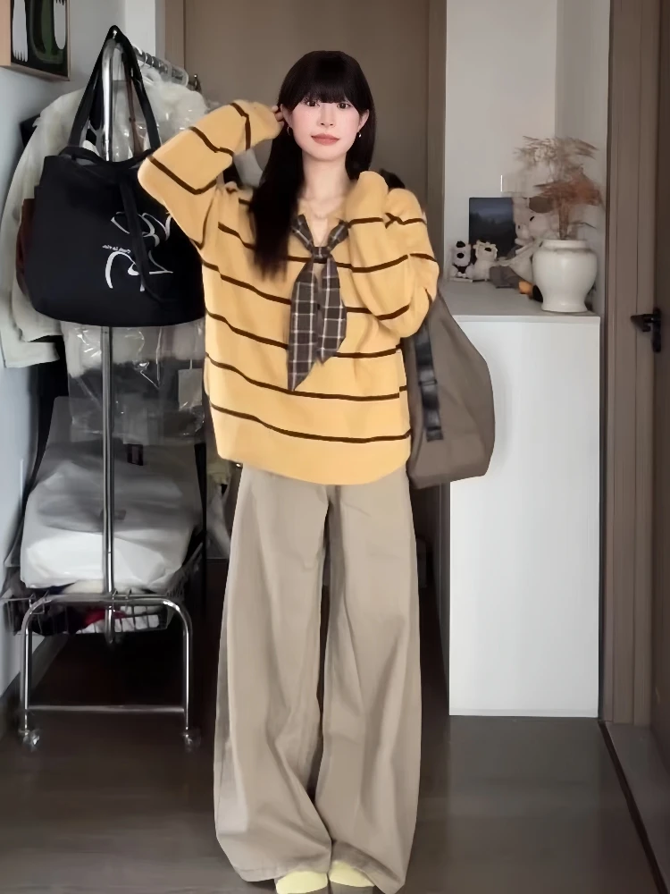 

Корейский женский свитер в желтую полоску Lazy Sle, длинный свек, свободный утягивающий вязаный топ, осень-зима, элитное ощущение