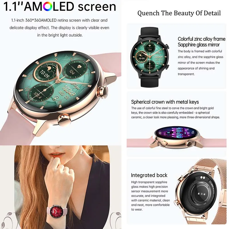 2025 New Smart Watch Women 1.1inch AMOLED HD Display Heart Rate Sport Fitness IP68 Waterproof Bluetooth Call Women Smartwatch