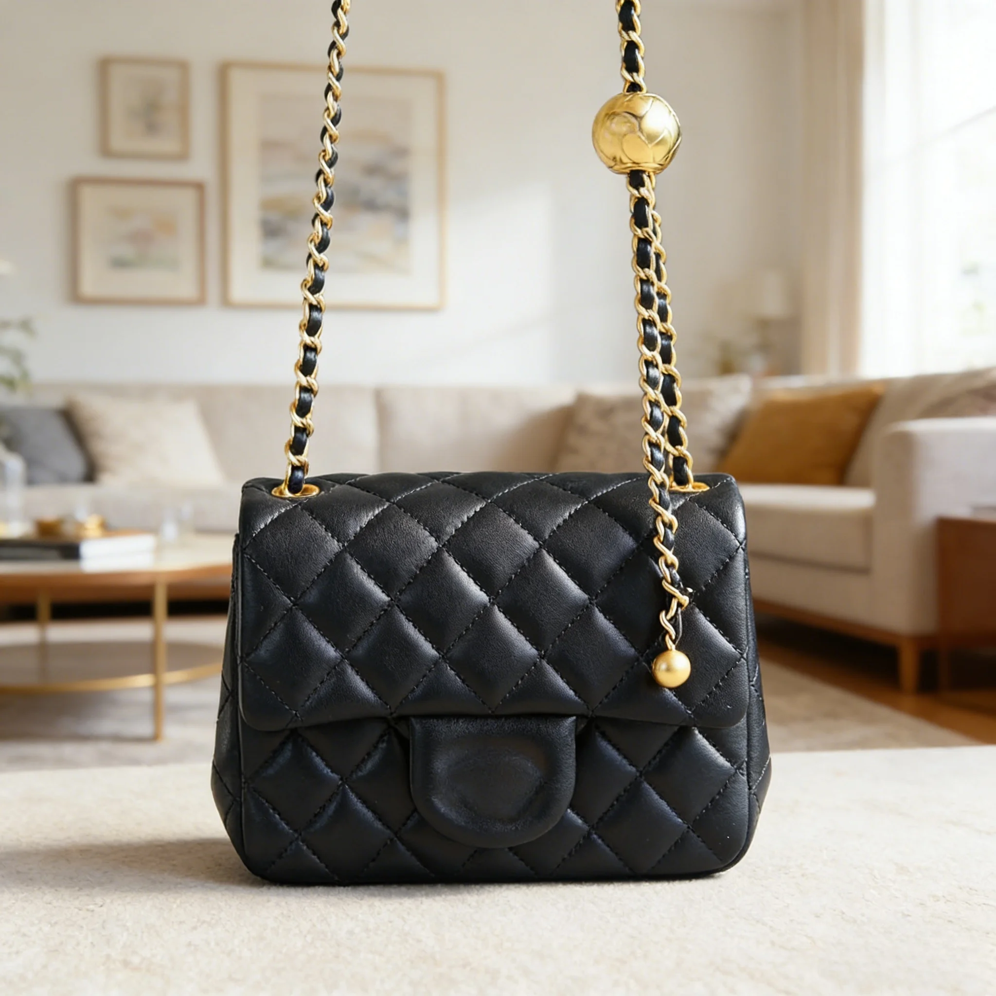 

New Black Quilted Leather Crossbody Bag | Gold Chain Ball Decoration Shoulder Bag | Luxury Fashion Handbag for Daily/Party