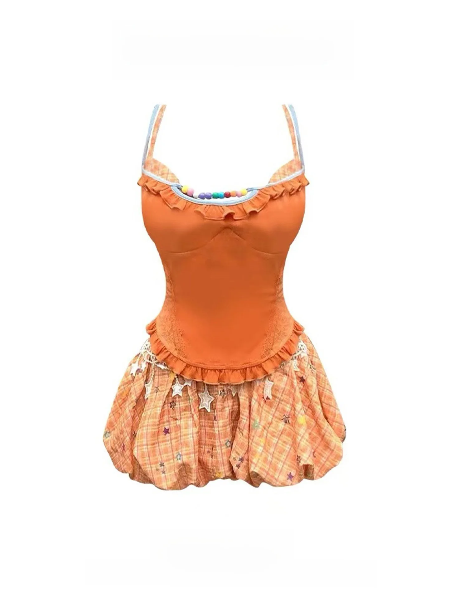 ชุดเซ็ตสองชิ้น เสื้อครอปเอวเข้ารูปลายสก็อตสีส้มหวานสไตล์ฤดูร้อน พร้อมกระโปรงทรงดอกไม้ สำหรับผู้หญิง