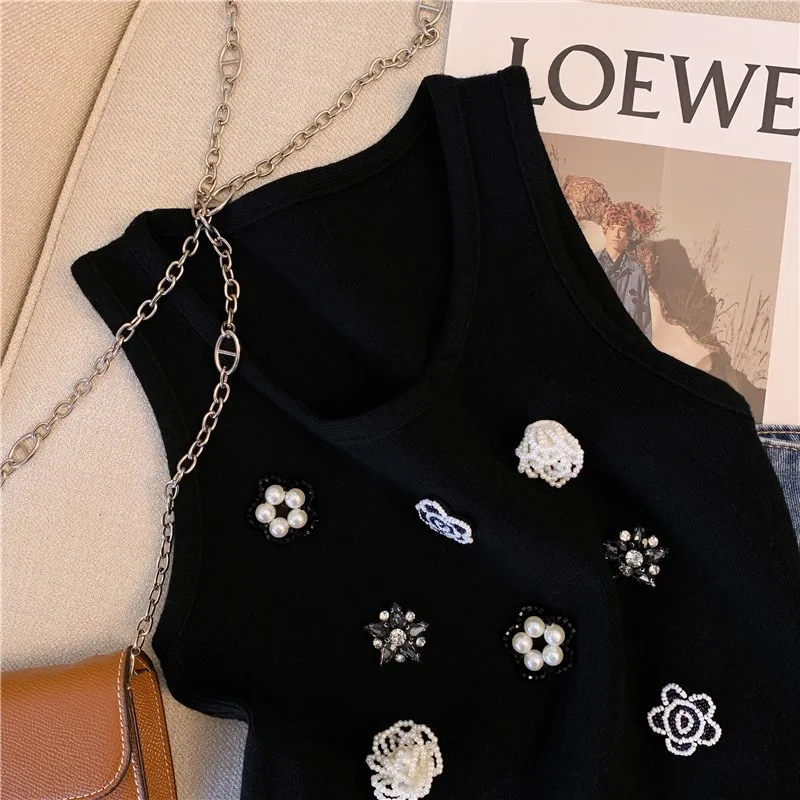 Floral Beading Slim Knit Vests Women Crop Tops 2024 Summer Sleeveless O-neck Knitwear Pullover Elegant Vintage Stylish Vests