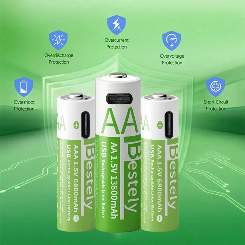 Bestely 1.5V AA 13600mAh+AAA 6800mAh Rechargeable Lithium Batteries/Fast Charging Li-ion Battery 2000 Cycle with Free USB Cable