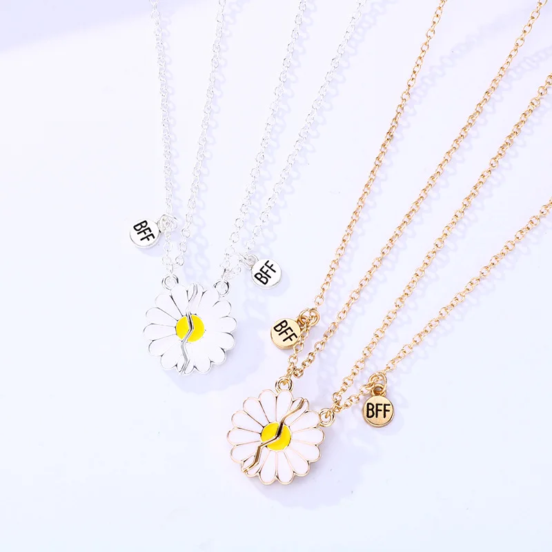 Lovecryst 2Pcs/set Small Daisy Flower Magnetic Simple Flower Drip Oil Best Friend Necklace BFF Friendship Jewelry Gifts for Kids