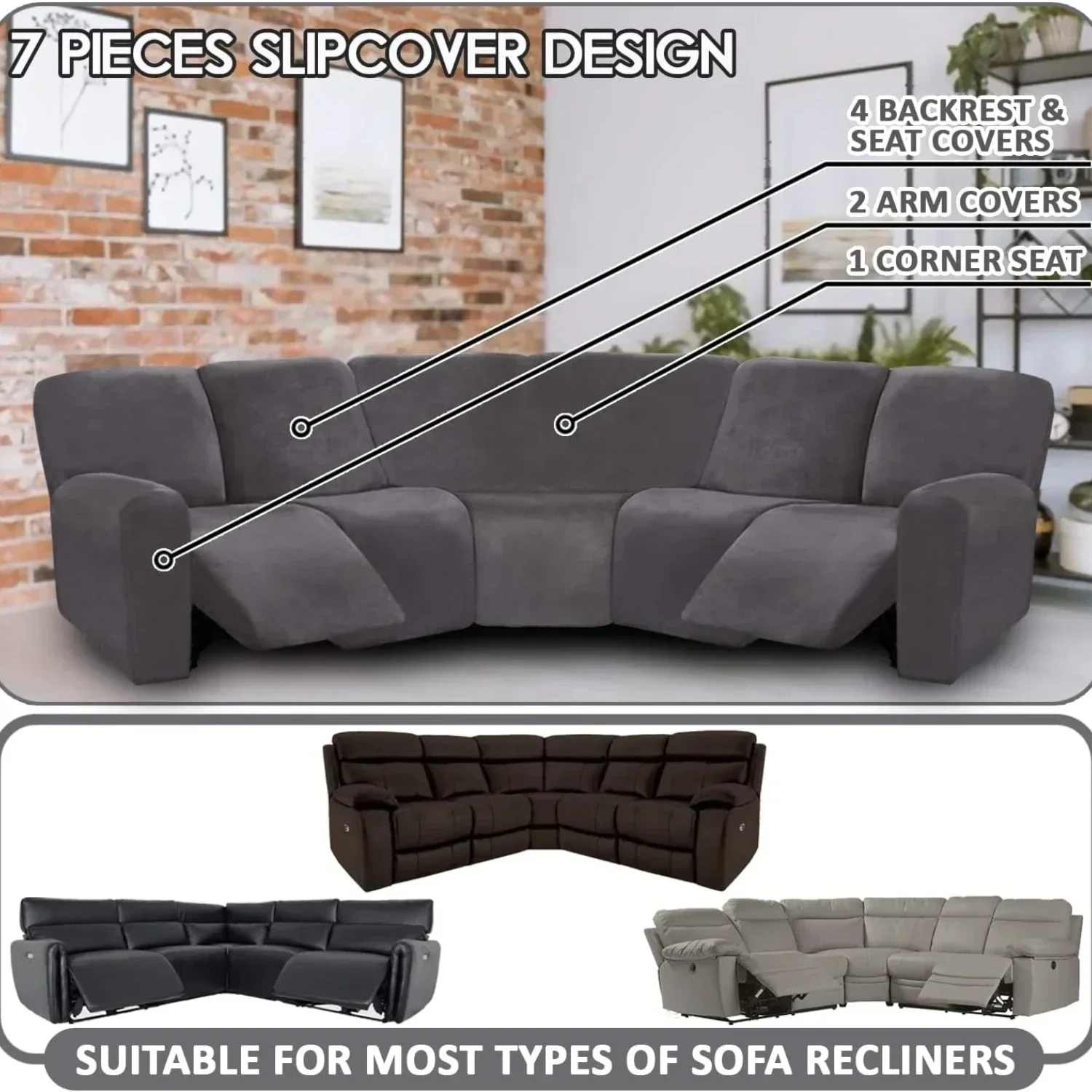 Velvet 5 Seater Recliner Sofa Covers 7 Piece Stretch Soft Recliner Sofa L Shape Sectional Couch Slipcovers Furniture Protector