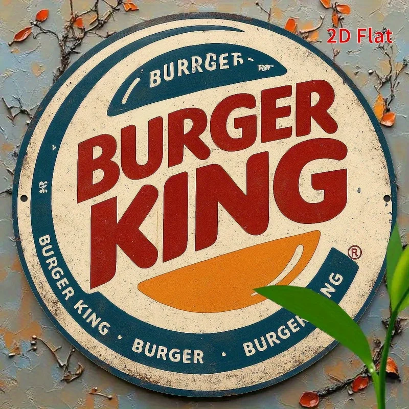 Burger King Vintage Retro Metal Sign - Red & White Burger King Logo Decoration - Durable Metallic Plate for Home, Office, Garage