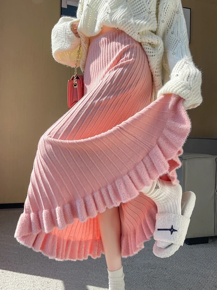 

Женская трикотажная юбка с высокой талией, розовая однотонная длинная юбка трапециевидной формы средней длины, осенне-зимняя плиссированная мода