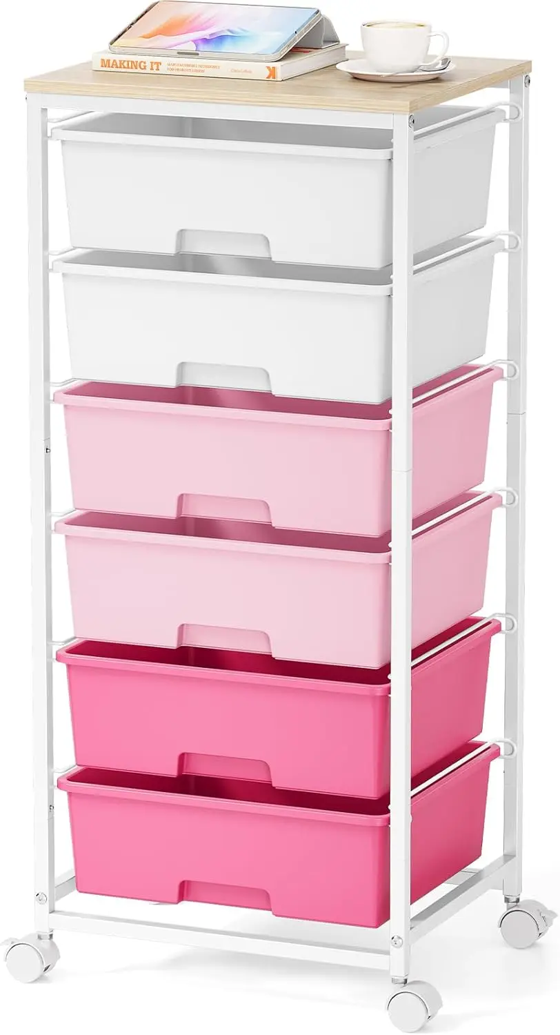 

Rolling Storage Cart with Drawers, Uttility Cart with 6 Large Drawers and Wooden Tabletop, Craft Storage Cart with Lockable Wheels