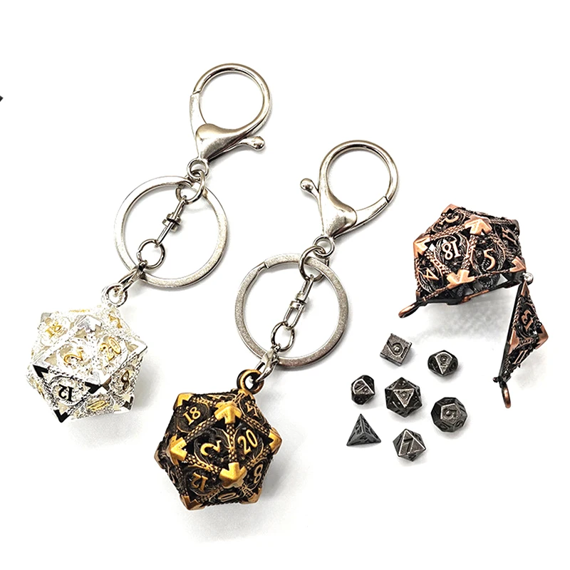 Mini 6MM Metal Flying Dragon Skeleton Dice Keychain Pendant Set Polyhedral Colors