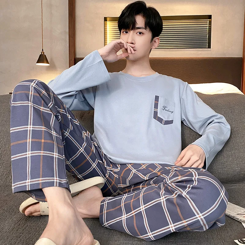 Big Size Men Sleepwear Autumn Winter Cotton Casual Long-Sleeved Youth Pajamas Outside the Home Clothing Two-Piece Set Striped