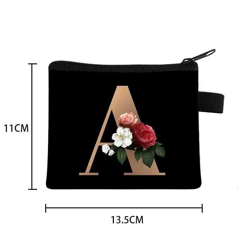 Mini bolsa de maquillaje para mujer, monedero con 26 iniciales, letras de A-Z, flores, Kawaii, con cremallera, para llaves de dinero, auriculares, a