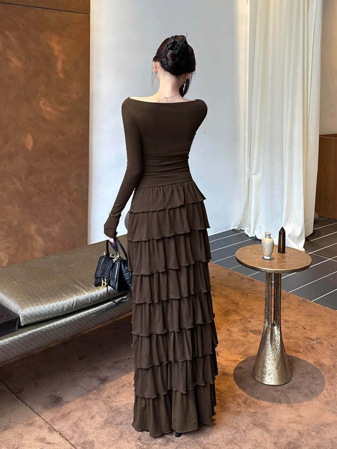 Francês elegante em camadas babados marrom manga longa vestido de noite feminino fora do ombro bolo puff vestido de festa de luxo vestidos de baile robe