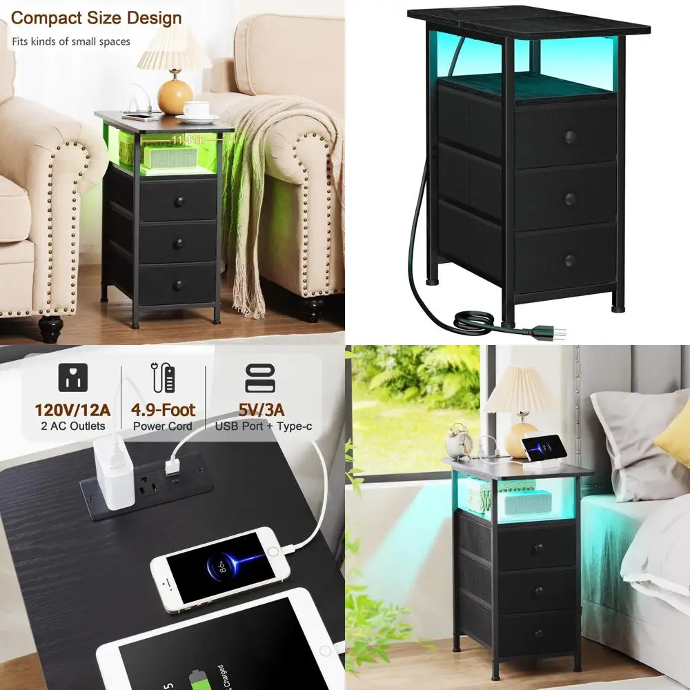 

Compact Charging Nightstand for Living Room and Bedroom, Sleek LED Side Table with Fabric Drawers, Black HETN013LBK-1