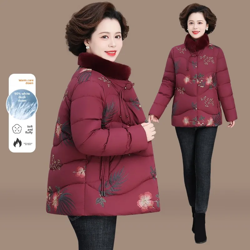 

New Chinese Sle down Jaet Winter Clothes for Women andmother Cotton Coat Faionable Loose Fit Embroidered Zipper Closure