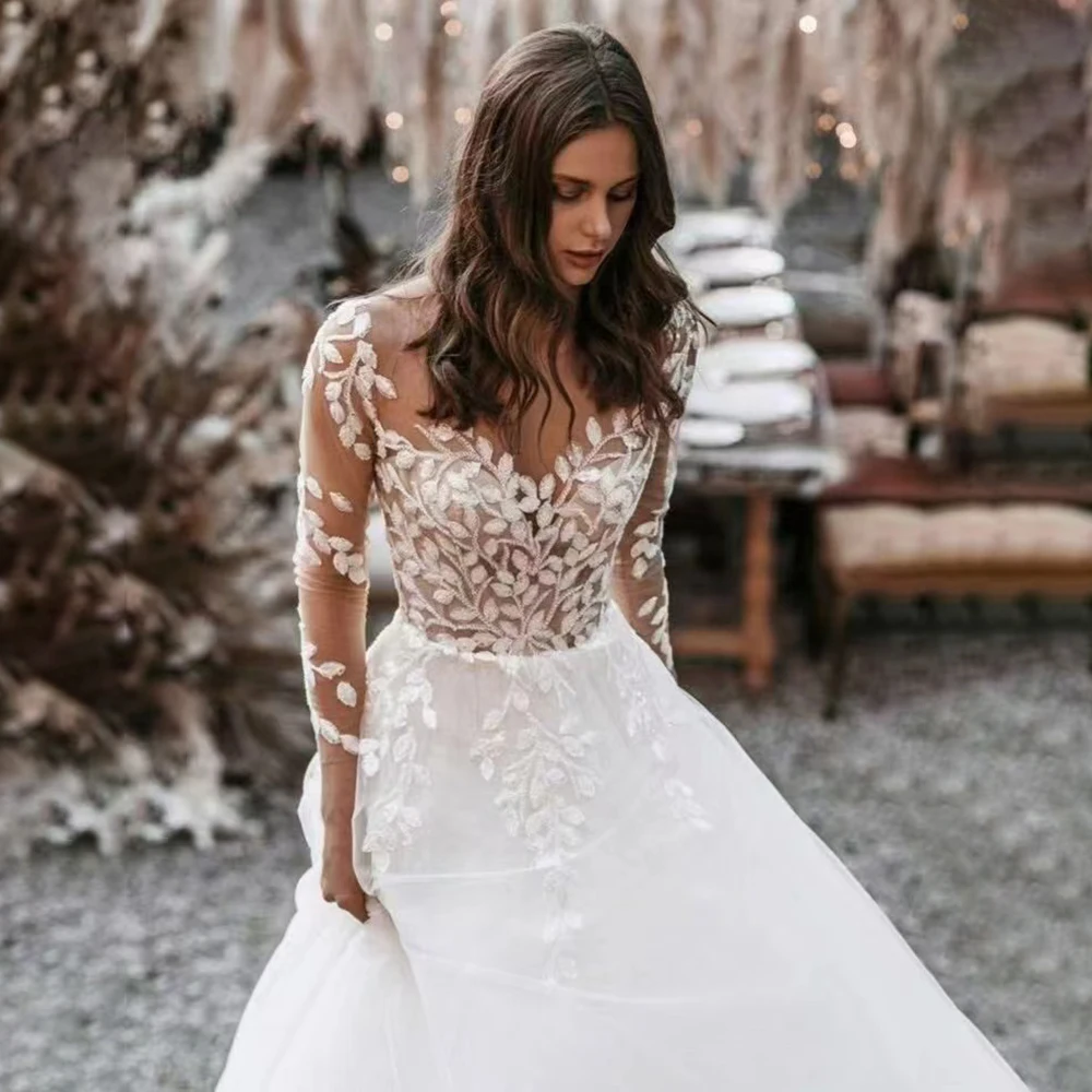 

Elegant V-Neck Wedding Dress Long Sleeve Bride Gown 2025 Appliqué A-Line Bridal Dress Formal Bride Dress Wedding Gown Customized