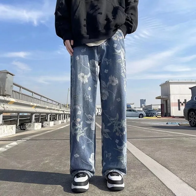 Printed Jeans 2024 Spring Korean Style Mens New Floral Denim Pant High Street Loose Straight Couples Trousers baggy hosen herren