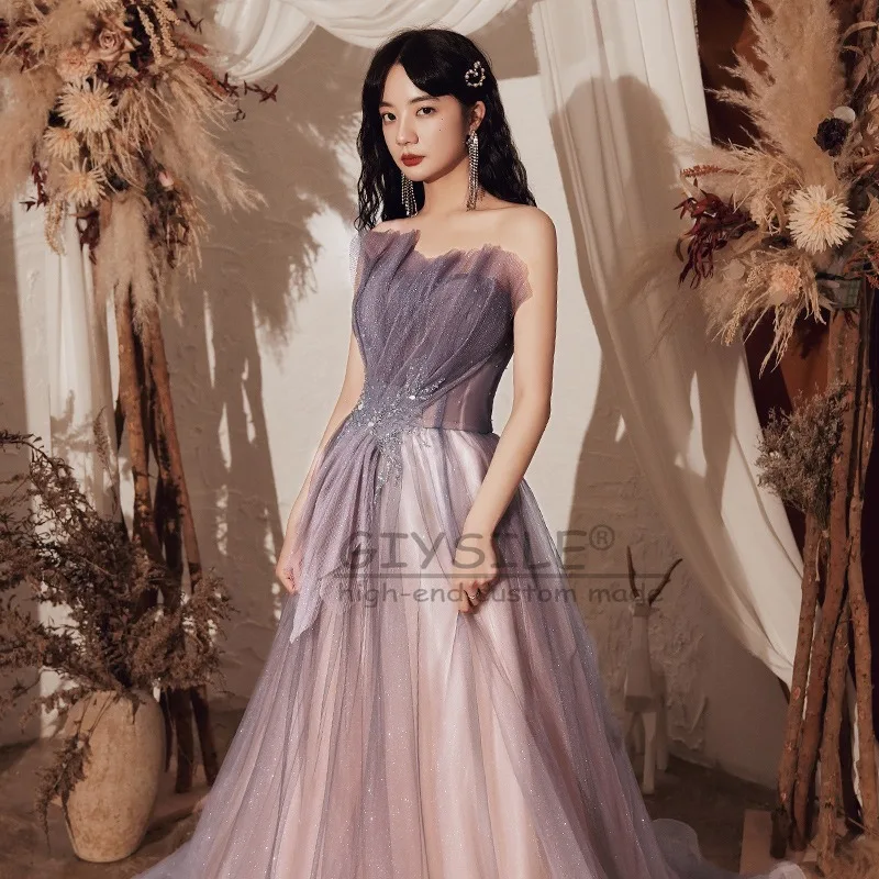 GIYSILE Customized Purple Tube Top Evening Dress Female 2025 New Banquet Elegant Temperament Design Sense Celebrity Sequins