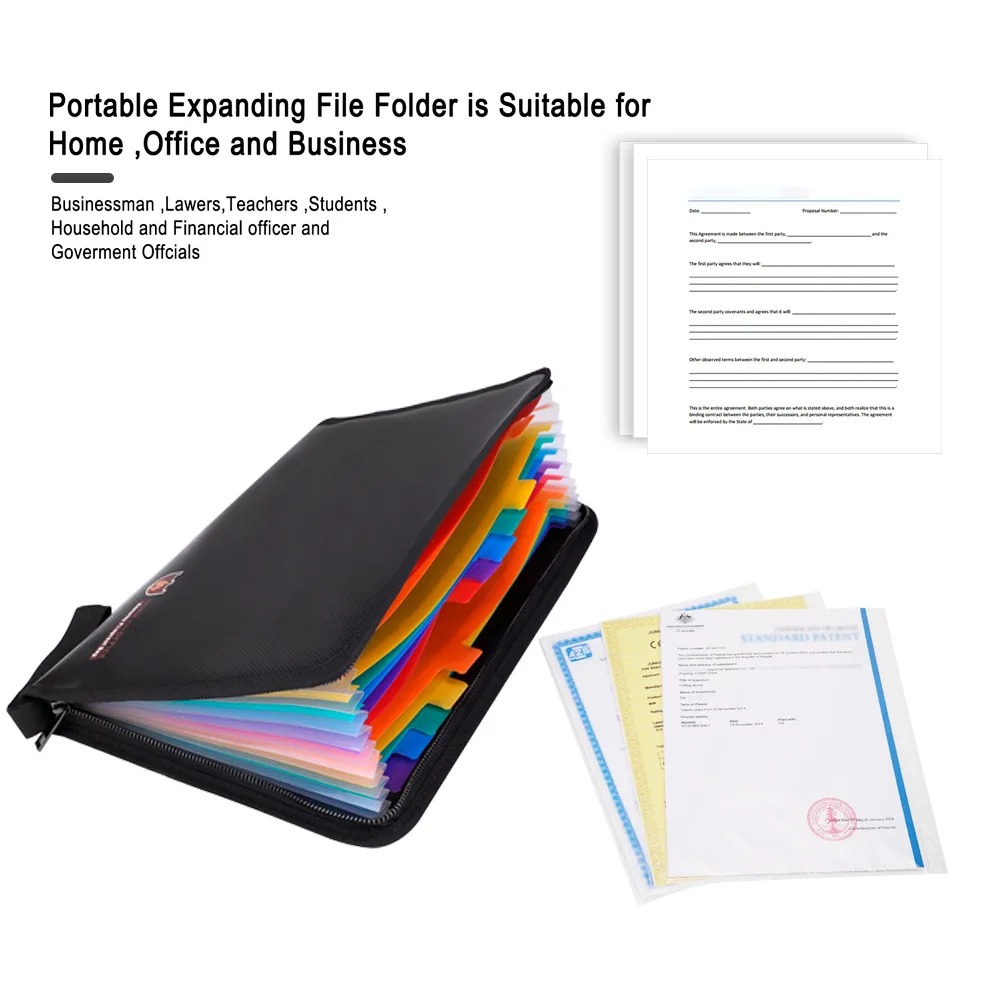 Borsa portadocumenti portatile ignifuga resistente all'acqua borsa sicura per cartelle di denaro di grande capacità con chiusura a cerniera a 12 tasche in formato A4