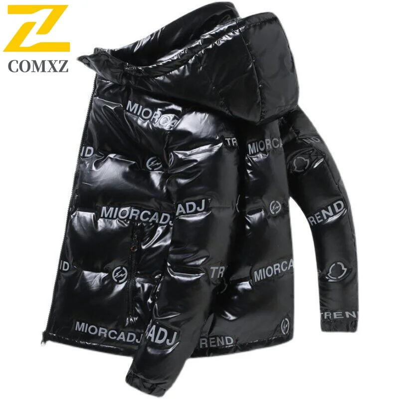COMXZ Men Down Jacket Glossy Surface Design Adventure Warm Lightweight Parka Fashion Hooded Travel Windproof Winter Garment