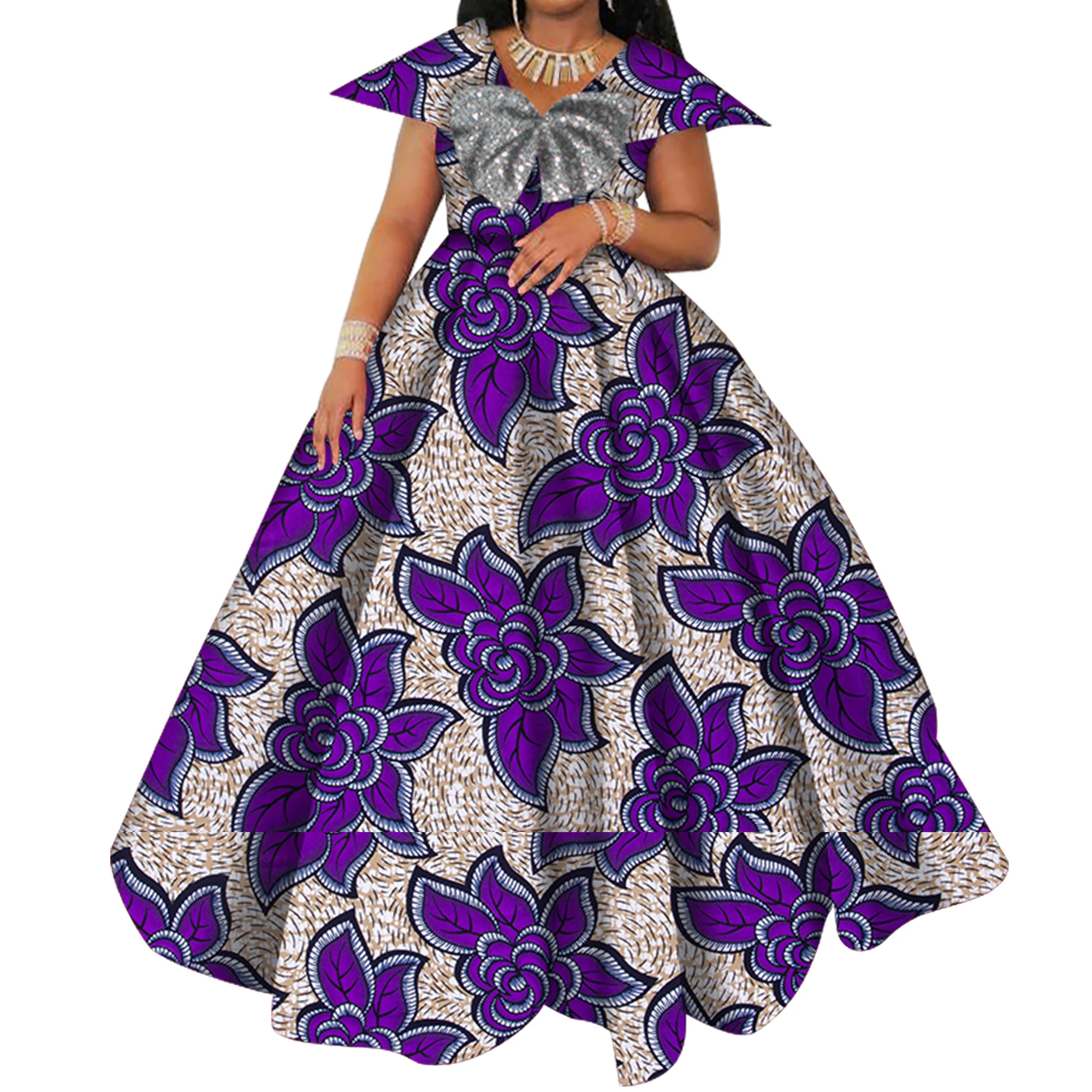 

Bazin Riche African Print Dresses for Women Short Sleeve Long Wedding Dress Party Vestido Cotton Women African Clothing WY6098