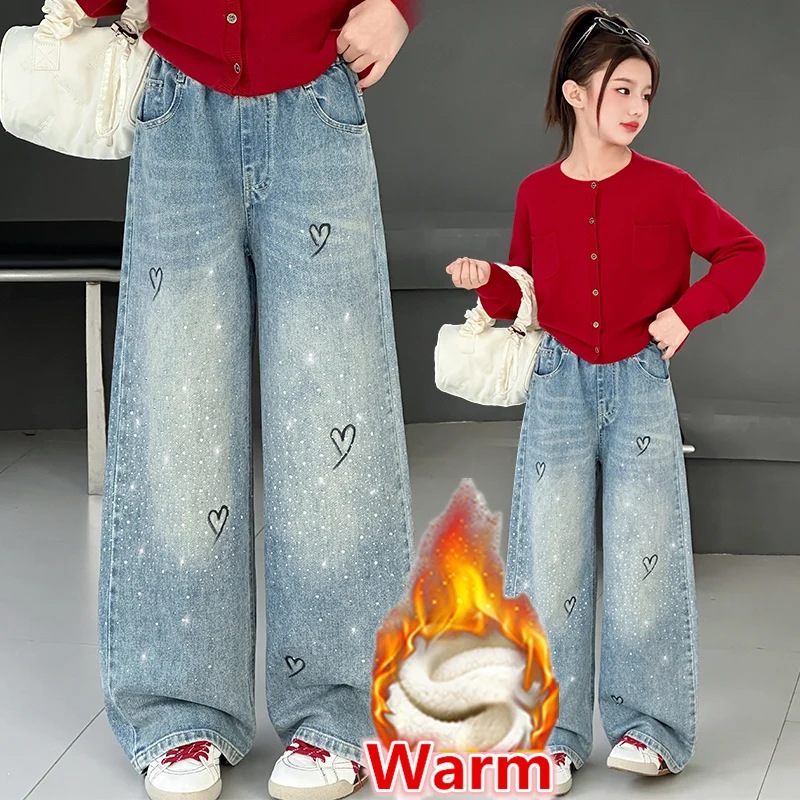 Winter Kids Warm Insulated Jeans with Hearts For Teenage Girl Vintage Blue Corduroy Fleece Denim Pants Thermal Crystal Trousers