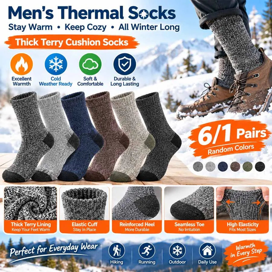 1/6 Pairs Men Winter Outdoor Thermal Socks Random Color, Thickened Terry Cold Resistant for Cycling Fishing Hiking, Size 36-43