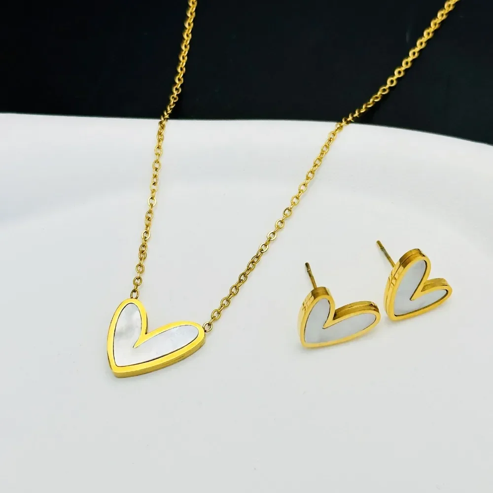 Trendy Exquisite Gold Color Stainless Steel Heart Shape Pendant Necklace Earrings for Women Valentine's Day Gift Jewelry Sets