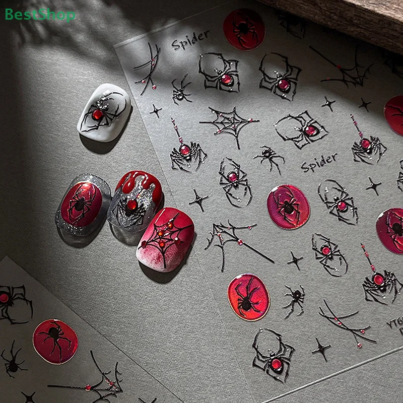 ♥♥♥3D Halloween Spider Nail Art Stickers Vintage Laser Jelly Decorative Decals DIY Manicure Decor Tool