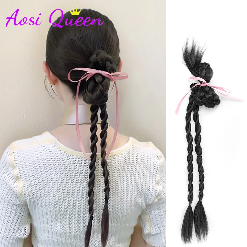 AOSI  French Ribbon Twist Ponytail Natural Hair Circle Style Playful Boxing Braid Ponytail Wig