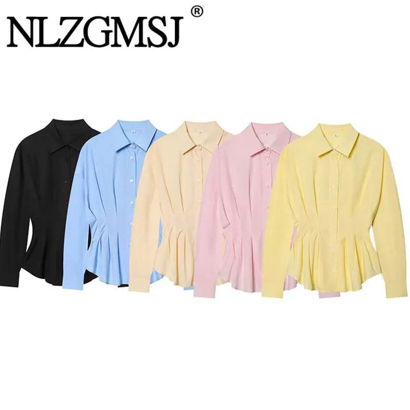 Nlzgmsj 2026 Frühling Elegante Bluse mit geraffter Taille und Schößchen für Damen, Reverskragen, Langarm, Knopfleiste, Freizeit-Oberteil