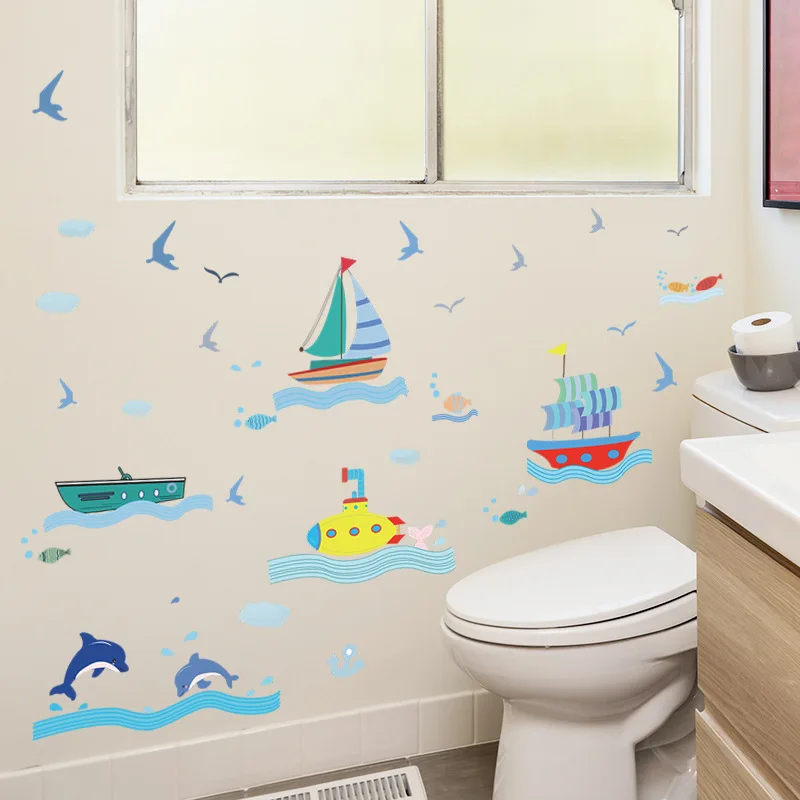 Cartoon Ocean Sailboat Wall Sticker For Kids Room Home Decoration Bathroom Bathtub Decor Bedroom Decals Self Adhesive Wallpaper