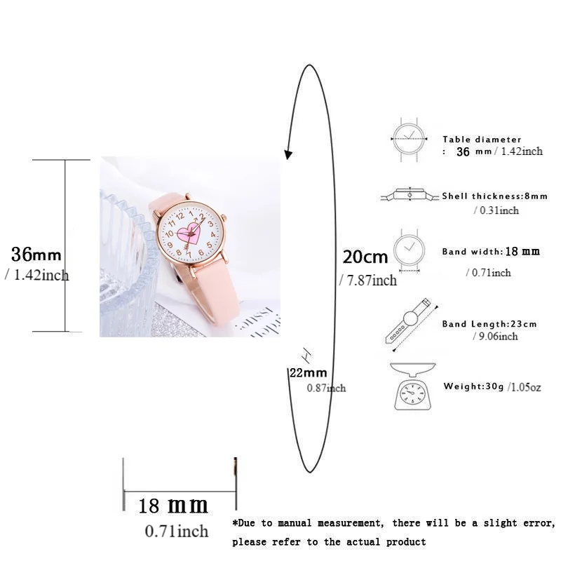 Kegllect-Pequeno relógio redondo feminino com pulseira de couro, relógios de quartzo, padrão cardíaco, relógio digital