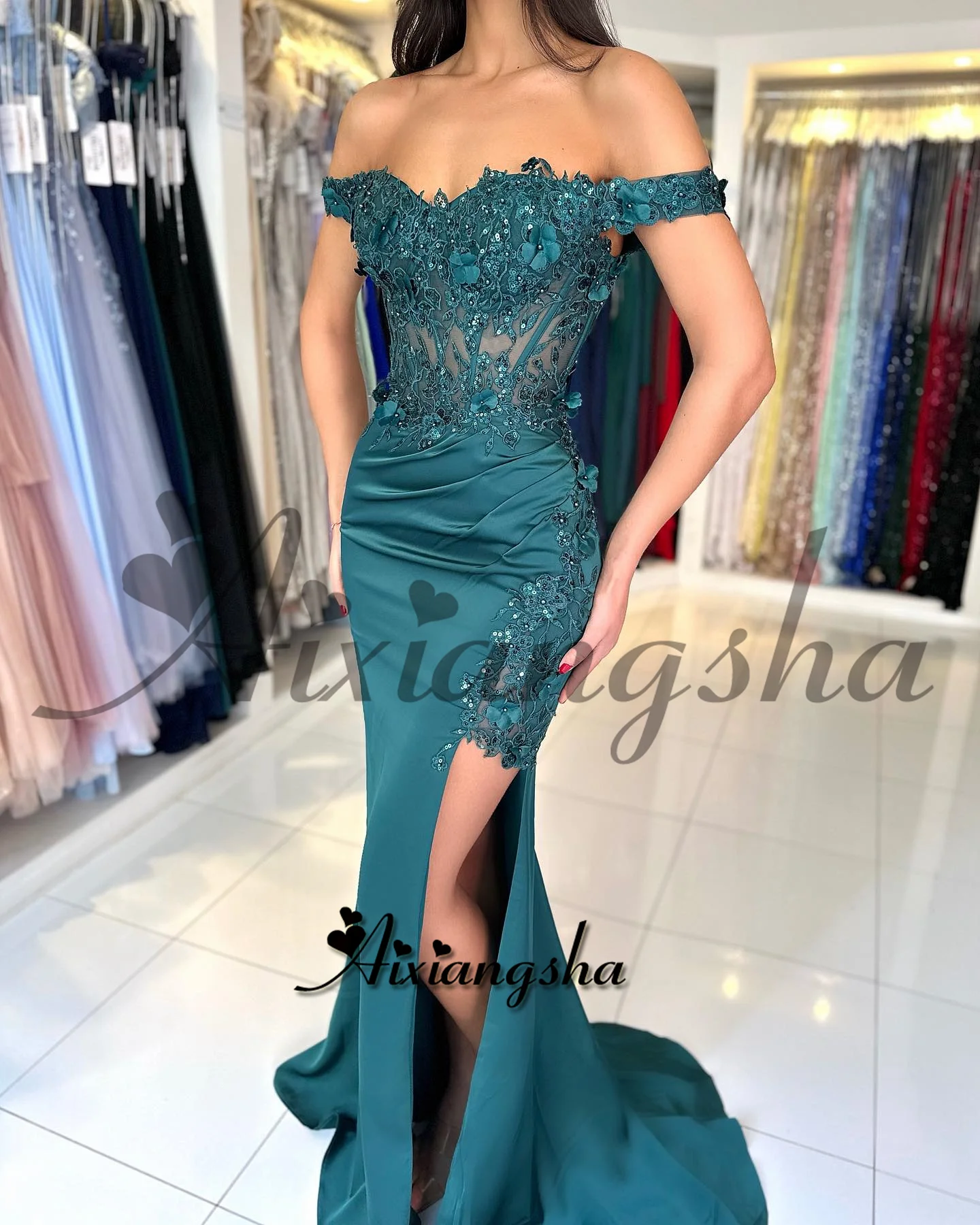 Aixiangsha خمر حورية البحر شق فساتين لحضور الحفلات الموسيقية للنساء هرع قبالة الكتف بلورات سويب تراين Vestidos De Gala مخصصة