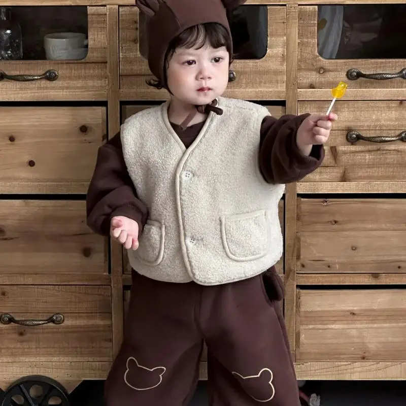 

2025 Winter New Children Cartoon Fleece Vest Baby Sleeveless Warm Vest Coat Cute Boy Girl Toddler Bear Vest Kids Clothes