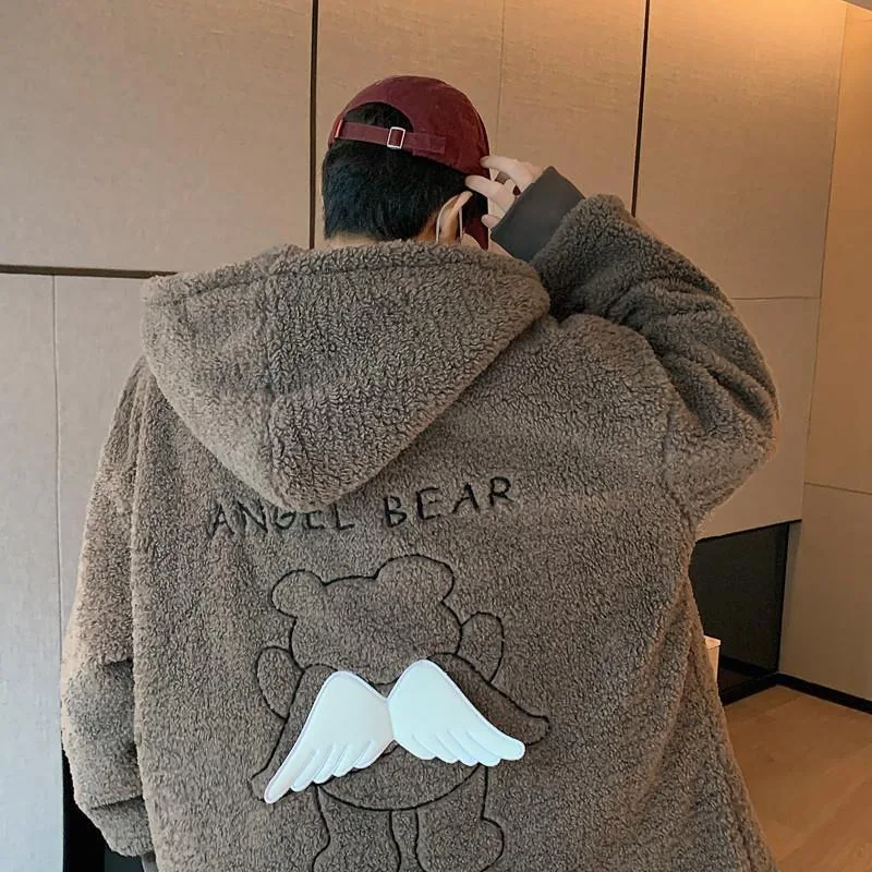 Y2K Fashion American New Bear Wings Lambswool Gothic Punk Style Loose Hooded Korean Fashion Couple Coat For Men And Women Clothe