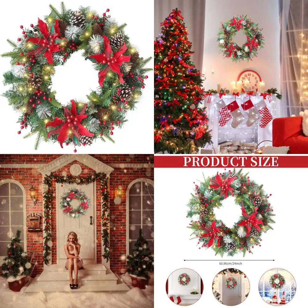 

Большой искусственный рождественский венок с сосновыми шишками и ягодами, светодиодные фонари на батарейках для декора входной двери