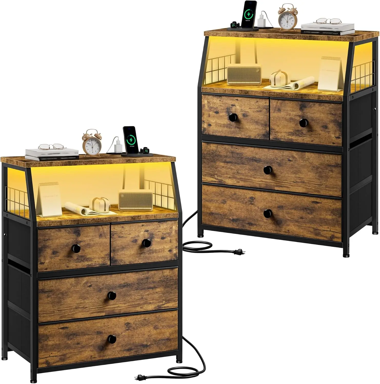 

Прикроватные тумбочки (комплект из 2 шт.), 21,8 дюйма, с зарядной станцией и светодиодной подсветкой, тумбочка с 4 тканевыми ящиками, прикроватный столик