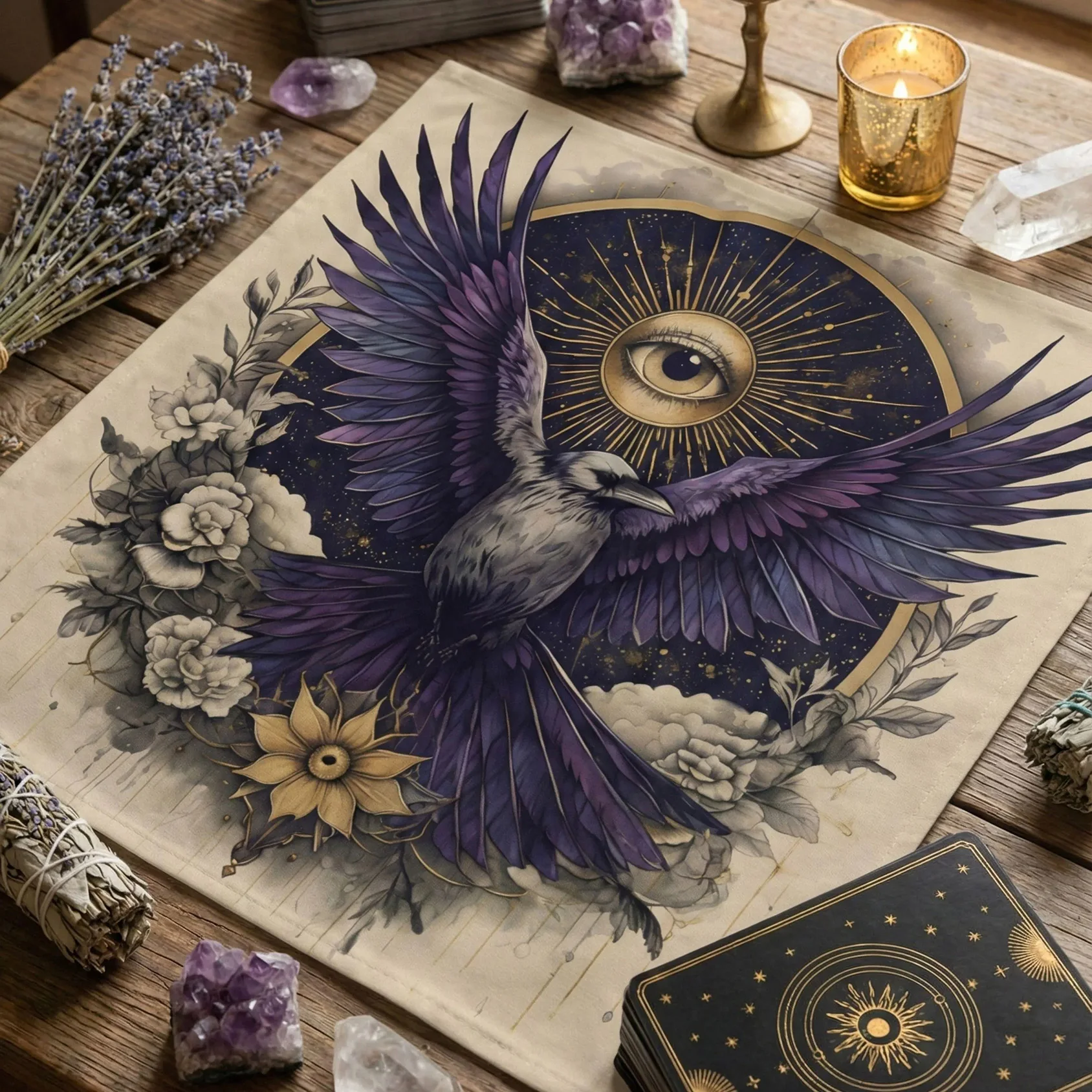 Raven Altar Cloth, Mystical Third Eye & Moon Design, Witchy Tarot Cloth, Pagan Witchcraft Decor, Occult Divination Gift