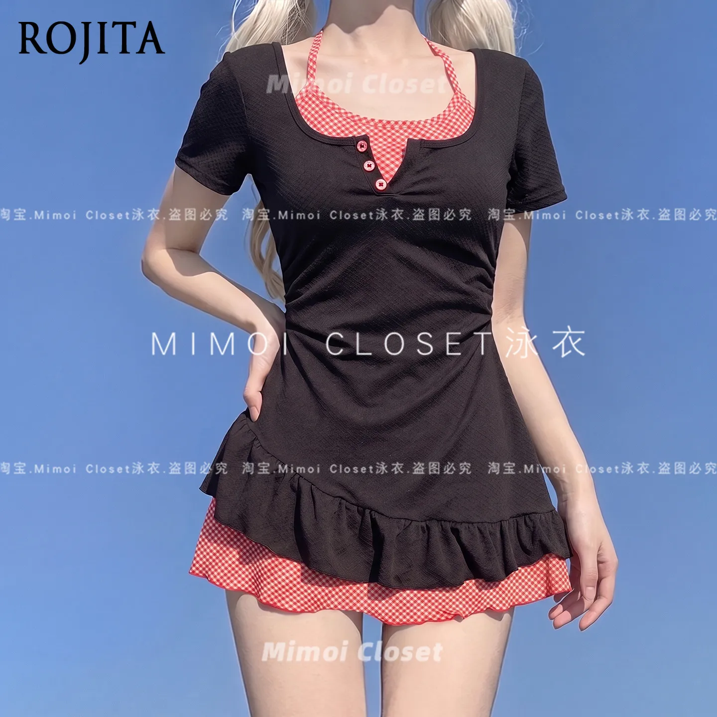 Women Two Piece Swimsuit Cute Blue Pink Contrast Short Sleeve Swim Dress Halter Bikini Ruffle Hem Beach Bathing Suit