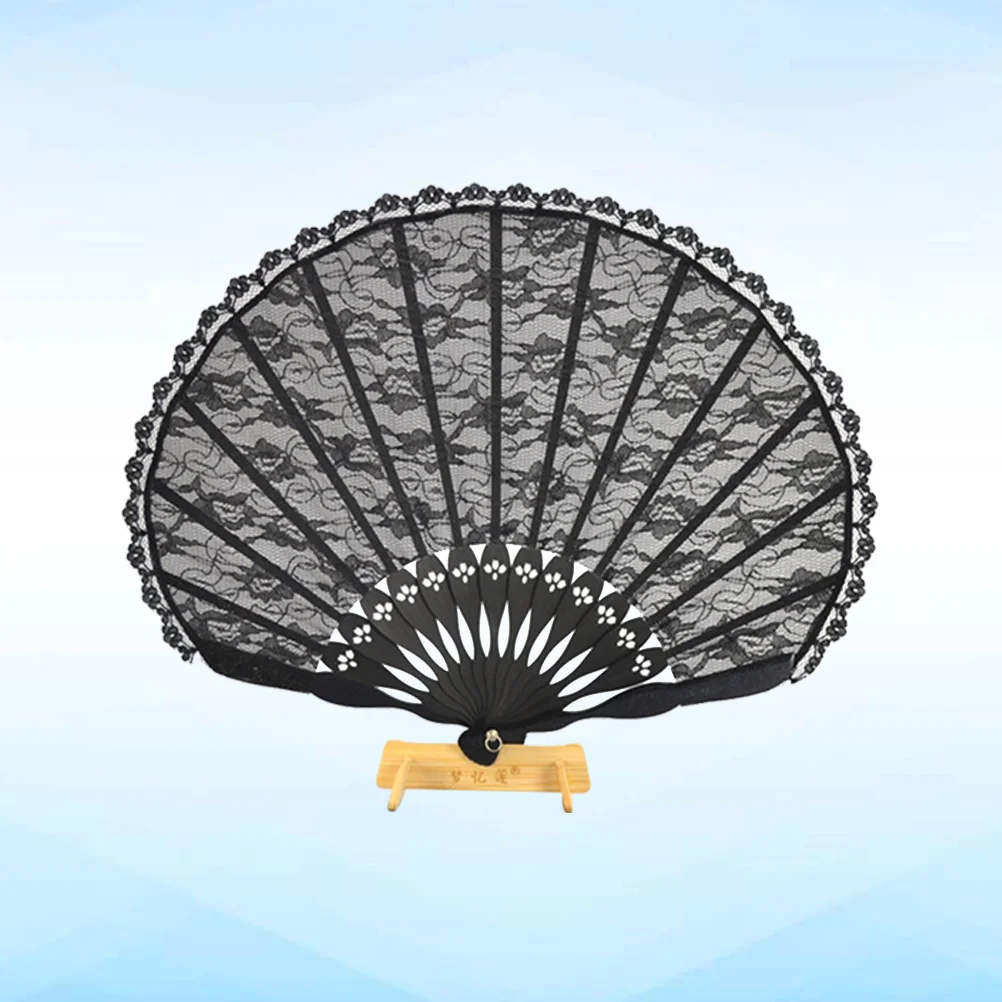 Chinese Style Lace Folding Fan Ancient Silk Fan Black Cheongsam Vintage Hand Fan for Summer Decor Floding Fan